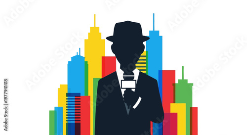 Journalist reporter broadcasting news event holding microphone in front of colorful city skyline illustration