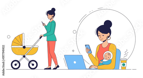 Busy Mother Juggling Work and Family Responsibilities with Phone and Laptop