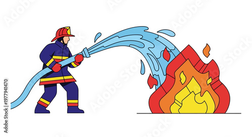 Firefighter Dousing Flames with Water from Hose in Dramatic Rescue Operation