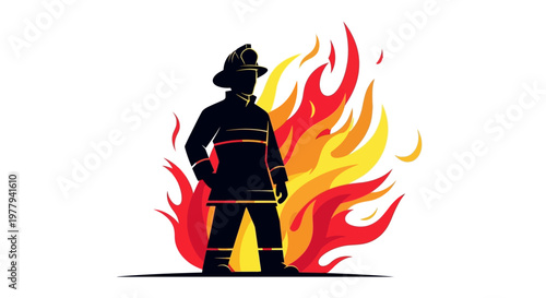 Silhouette of a brave firefighter standing in front of a large, vibrant fire, symbolizing courage and dedication to saving lives and property from danger and destruction