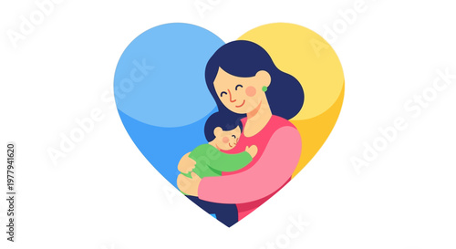 Mother embracing child with love and affection, conveying warmth and tenderness in a heartwarming illustration