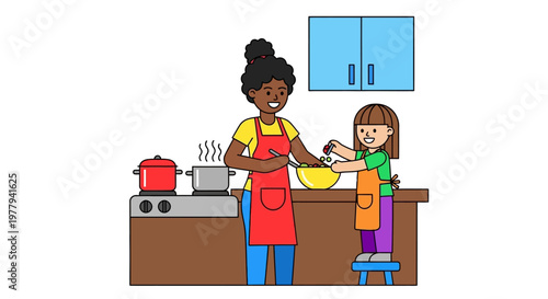 Mother and daughter cooking together in a kitchen, preparing a meal and learning to cook