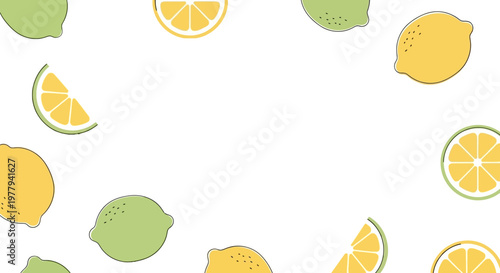 A refreshing and zesty background featuring a scattered pattern of bright yellow lemons and green limes on a clean white backdrop