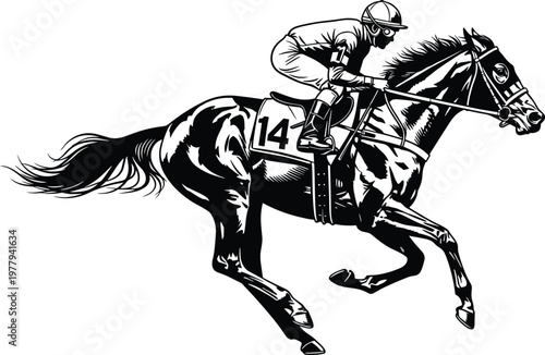 Black-and-white silhouette illustration of jockey riding galloping racehorse with number 14 saddlecloth, dynamic linework emphasizing speed, motion, and competitive horse racing