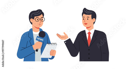 Reporter interviews businessman with microphone and notepad, professional journalism event