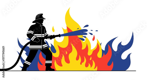 Brave professional firefighter extinguishing a dangerous blaze with a powerful stream of water, demonstrating heroic emergency response and safety