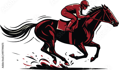 Stylized illustration of jockey riding galloping horse with flowing mane and tail, bold red and black colors emphasizing speed, motion, and competitive racing