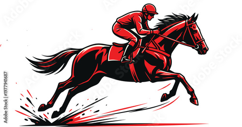 Dynamic stylized illustration of jockey riding galloping horse in bold red, black, and white colors, symbolizing speed, motion, and competitive horse racing
