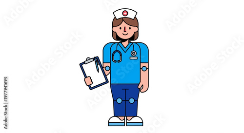 A cartoon nurse wearing a cap and stethoscope, holding a clipboard, representing medical care and healthcare professionals