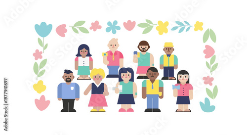 A cheerful group of diverse people in a floral frame, holding up their smartphones and smiling