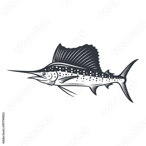 Valokuva Sailfish swimming with dorsal fin and spotted body side view isolated on transpa