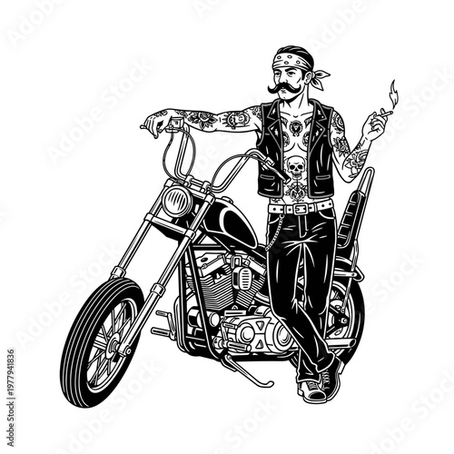Tattooed Biker with Mustache and Motorcycle.