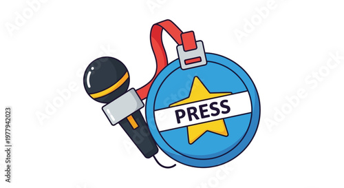 Journalism Press Badge with Microphone and Star, Emblem for Reporters and Media Professionals