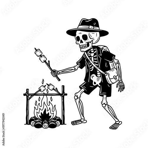 Skeleton roasting marshmallows over a campfire wearing a hat.