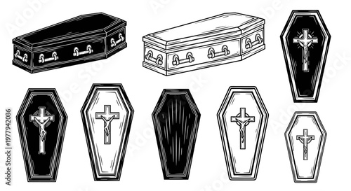 Collection of various coffins and caskets in different styles and perspectives.