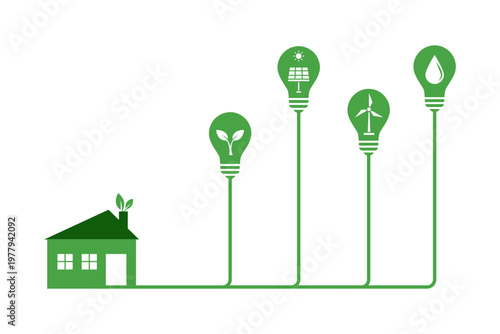 Green energy home vector isolated on transparent background with renewable energy system including solar panel, wind turbine, water and plant icons. Sustainable house and clean electricity concept