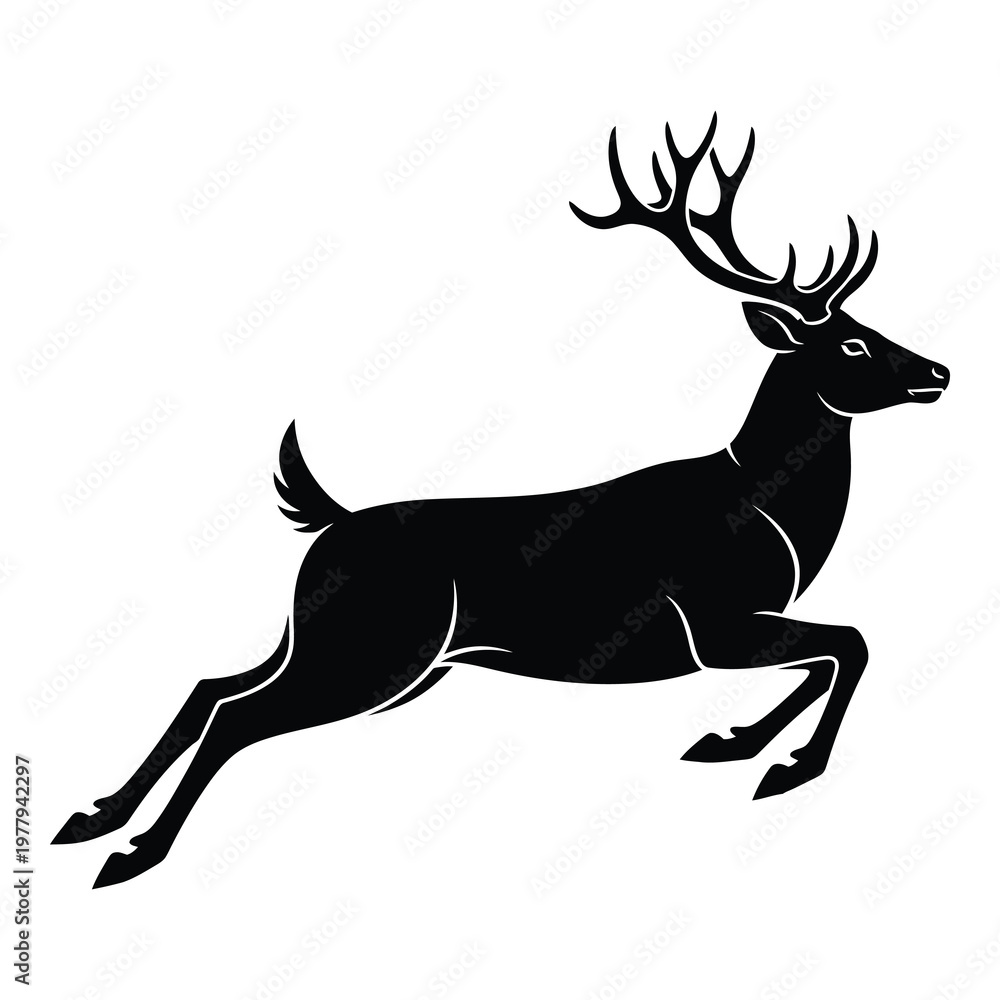 Fototapeta premium Black silhouette of a running deer with large antlers in motion icon