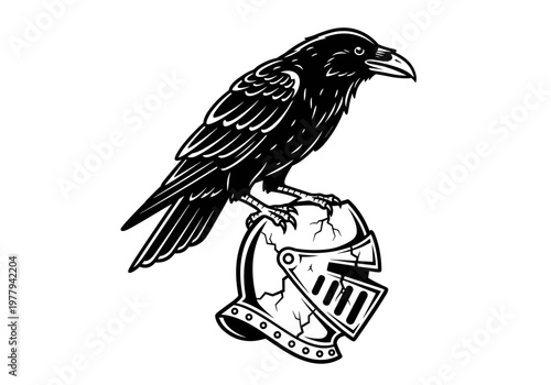 Black crow perched on cracked medieval helmet illustration.
