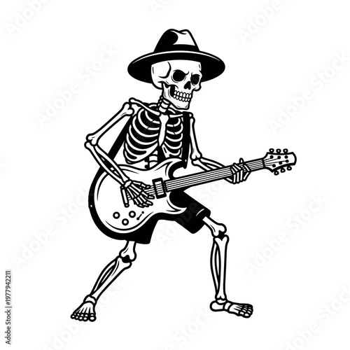 Skeleton playing electric guitar wearing a hat.