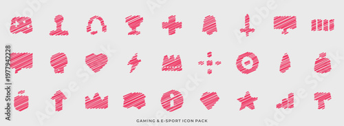 Hand Drawn Scribble Gaming Icons Set - Pink E-sports and Video Game UI Elements for Web and Graphic Design