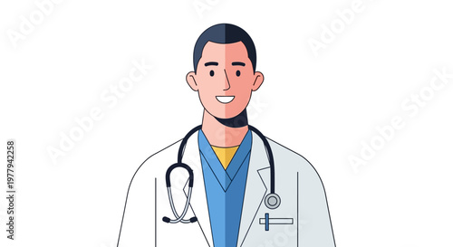 Friendly and Professional Male Doctor Character Illustration, Smiling Healthcare Worker in Lab Coat with Stethoscope