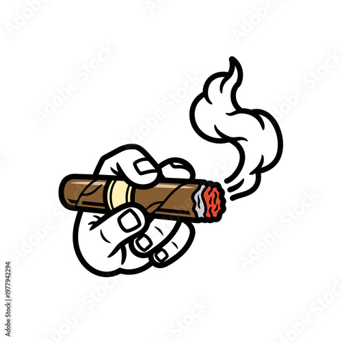 Hand Holding Burning Cigar with Smoke.
