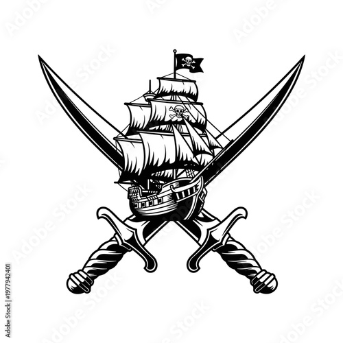Pirate Ship and Crossed Swords Emblem.