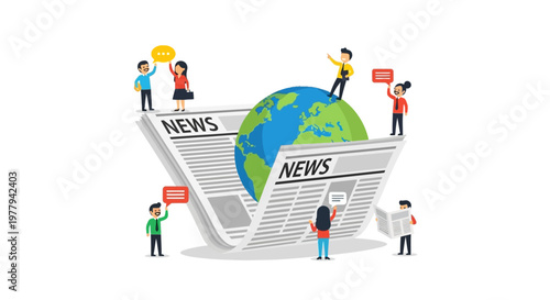 Global News and Communication Concept with Diverse People Interacting Around a Newspaper and Earth Globe