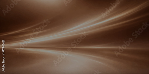 Abstract soft light waves flow across a rich, dark brown background, creating a sense of movement and depth. The image embodies a modern and elegant aesthetic.