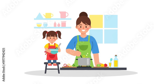 Happy mother and daughter share a delightful kitchen moment, whisking ingredients together while learning and preparing a wholesome meal at home