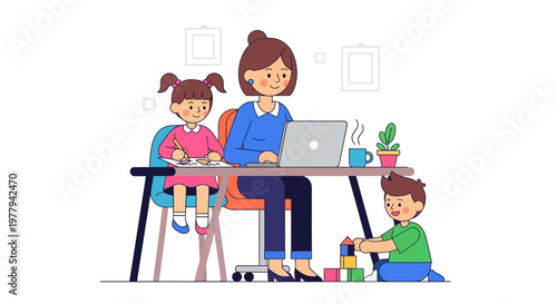 Mother working from home with children playing nearby, balancing work and family life