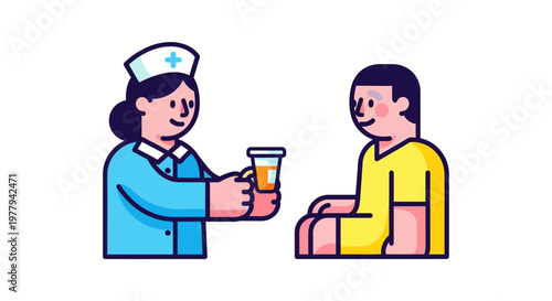 Professional Nurse Giving Prescribed Medicine or Sample Cup to Male Patient, Healthcare and Medical Treatment Vector Illustration