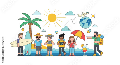 Diverse group of happy travelers enjoying global adventures and summer vacations, engaging in a variety of leisure activities and exploration