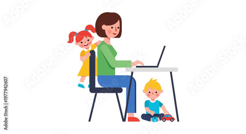 A mother juggles work and family life, managing her laptop while her children play around her