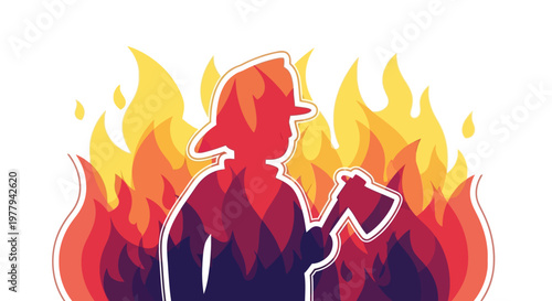 Firefighter silhouette in front of stylized flames, embodying bravery and emergency response