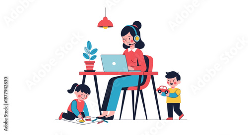 Empowered parent focused on remote work, balancing professional calls with active children playing in a home office setting