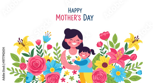 Happy Mother's Day greeting card illustration featuring a mother and child surrounded by vibrant flowers and botanical elements