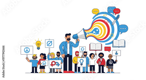 A Diverse Group of People Holding Signs and a Megaphone Representing Communication and Unity