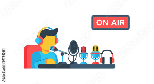 Radio host broadcasting live on air with multiple microphones and headphones in a studio setting