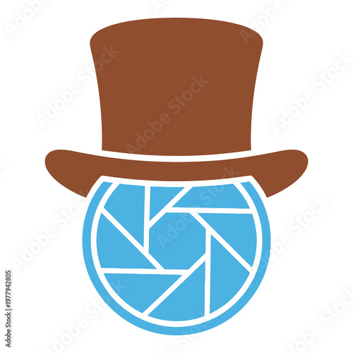 Brown top hat on blue camera shutter lens icon graphic design element icon