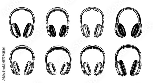 Collection of Eight Different Headphone Illustrations.