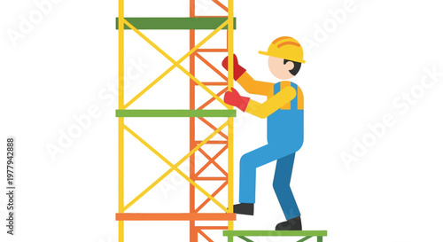 Construction worker climbing a tall metal scaffolding structure, engaged in building work