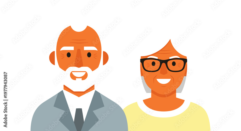 Fototapeta premium Happy elderly couple portrait senior man in suit and woman with glasses flat illustration style symbolizing love