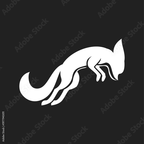 Minimalist White Fox Illustration in Dynamic Pouncing Stance on Black Background design
