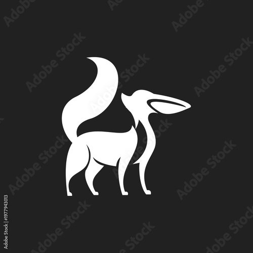 Minimalist White Fox Illustration in Dynamic Pouncing Stance on Black Background template