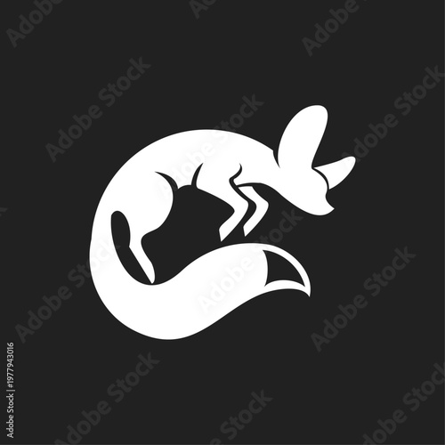 Minimalist white fennec fox logo design with large ears, stylized animal silhouette jumping on a black background.