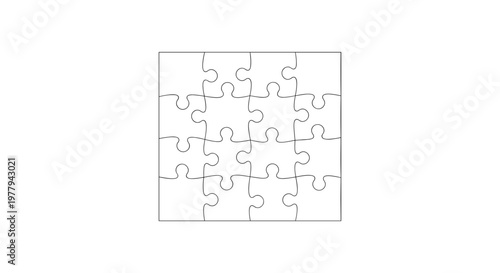 Blank jigsaw puzzle pieces arranged in a grid on a white background symbolizing strategy completion and problem solving