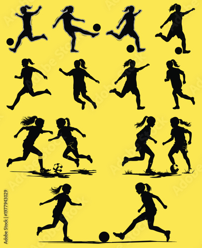 Set of female football players silhouette illustration girls playing soccer vector design