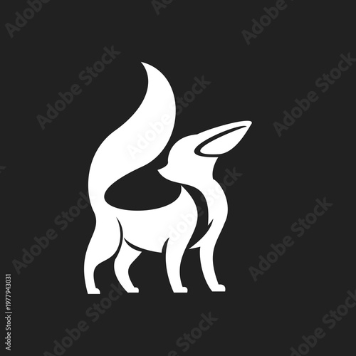 Minimalist White Fox Logo Standing Looking Up on Dark Background