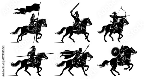 Silhouettes of medieval warriors on horseback in dynamic action poses wielding swords bows and flags